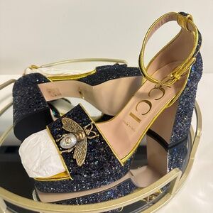 Gucci Soko Glitter Blue Gold Bee Platform Heeled Sandals EU 37.5
